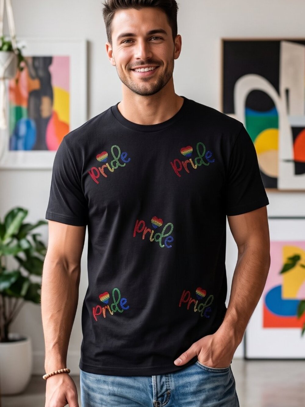NWOT | Pride Rhinestone Graphic T-Shirt | Rainbow Heart | Black | Medium